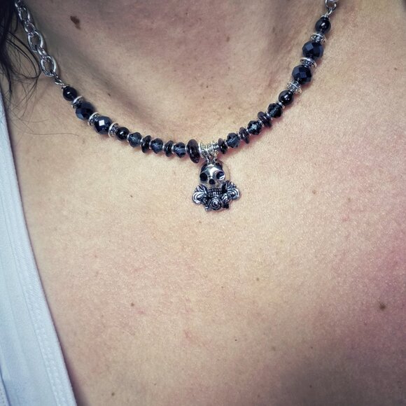 Skull + Garnet Beaded Chain Necklace — Handmade Statement Piece - Picture 3 of 4